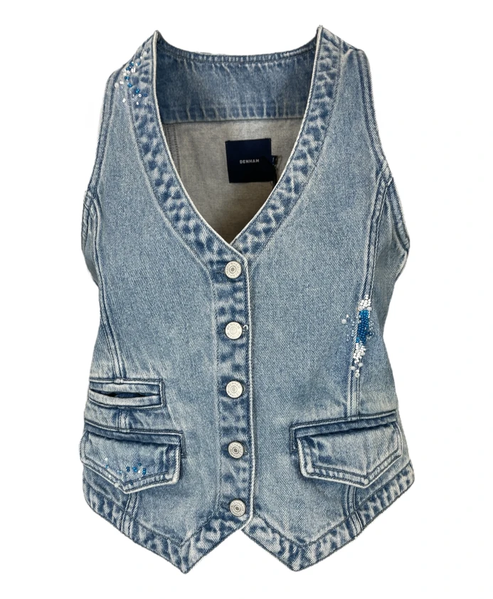 

Жилет с вышивкой и жемчугом, V-образный вырез, джинсовая ткань. Denham, синий