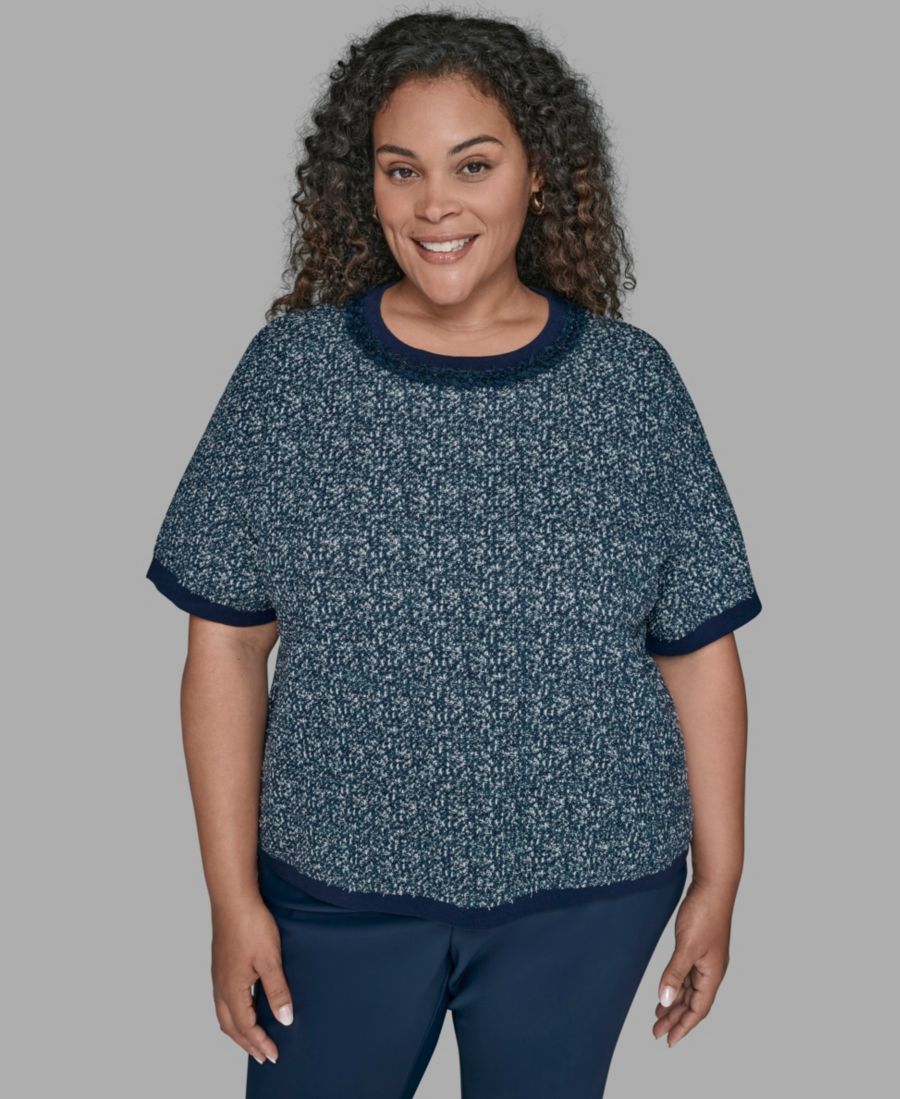 

Свитер с коротким рукавом и круглым вырезом, больших размеров, KARL LAGERFIELD PARIS KARL LAGERFELD PARIS, Blue Soft White