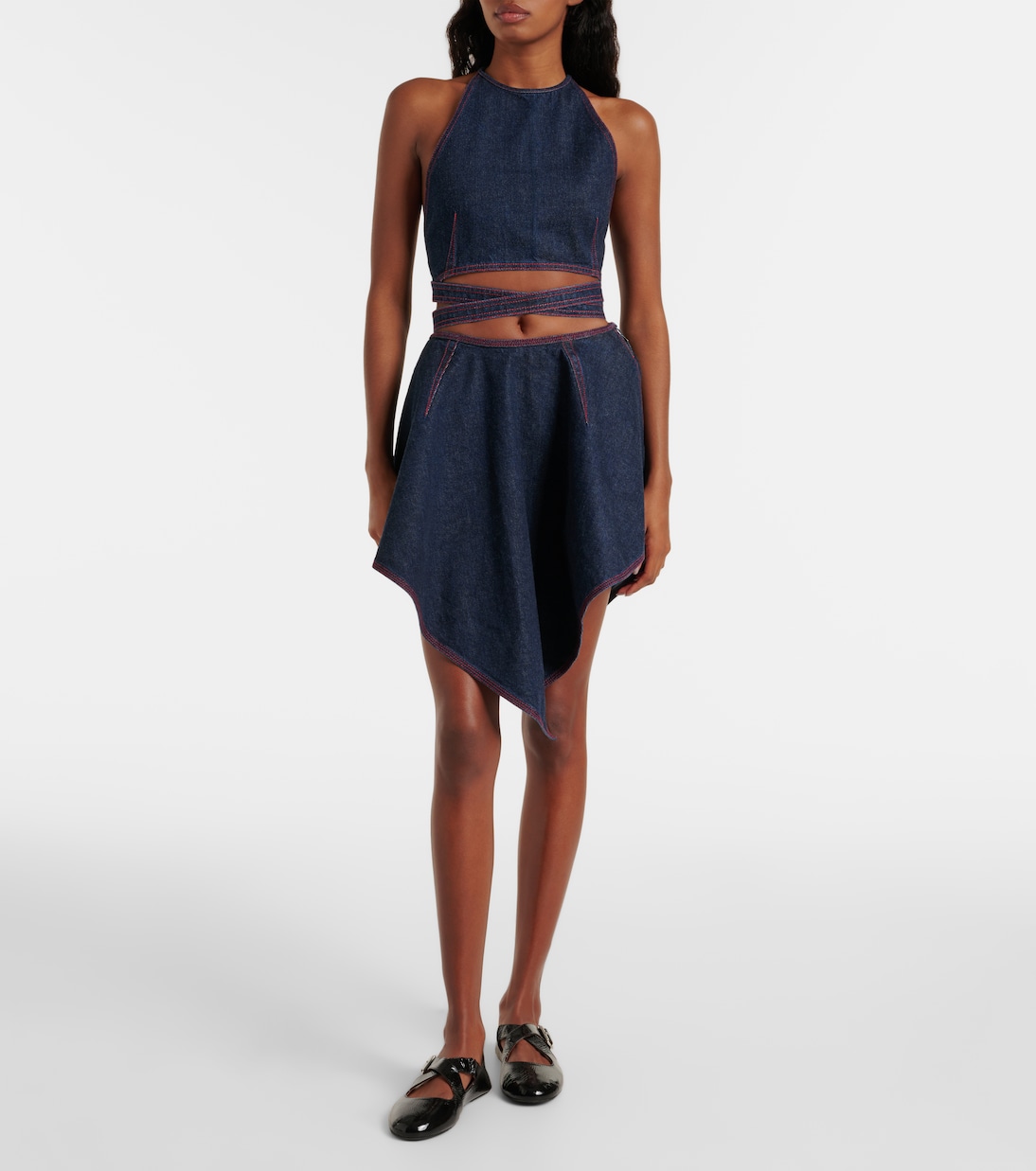 Джинсовый топ-коротышка с бретелькой на шее Alaïa, Bleu Denim — фото 2