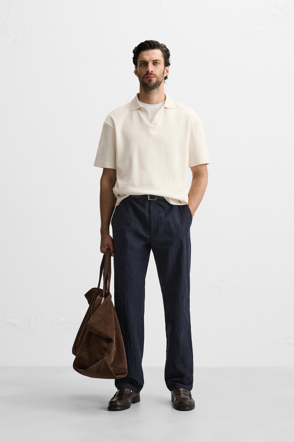 

Рубашка-поло с геометрическим жаккардовым узором ZARA, устрично-белый