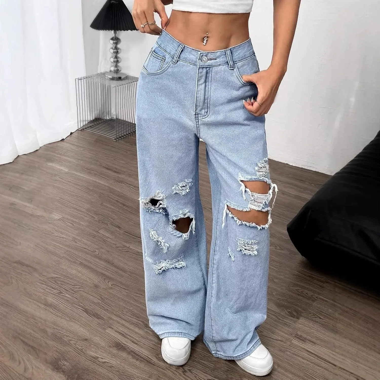 Прямые джинсы Loose Fit с вырезами для женщин — высокие рваные джинсы — фото 3