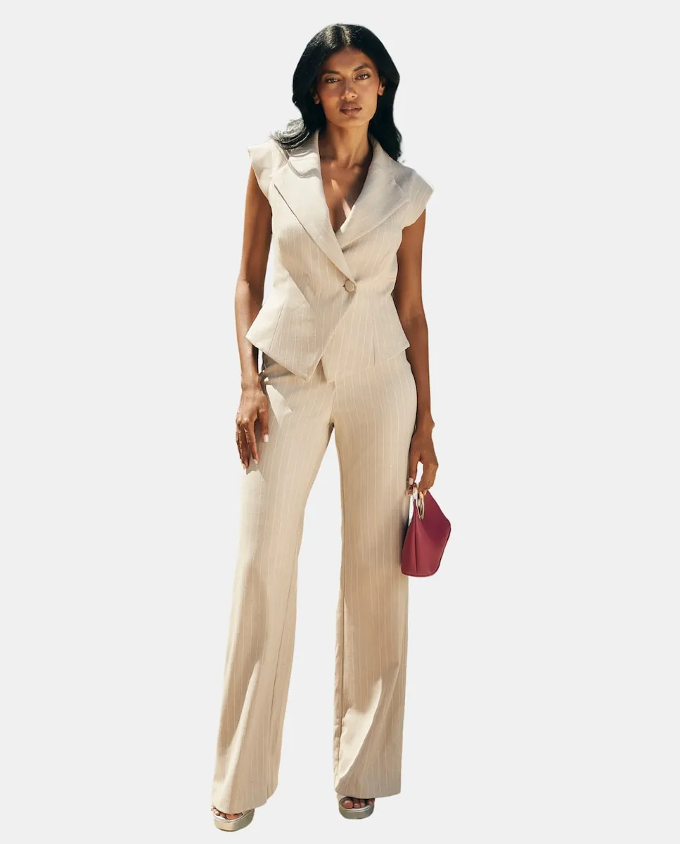 

Женские деловые брюки в тонкую полоску с прямым кроем MIPHAI, серый/розовый