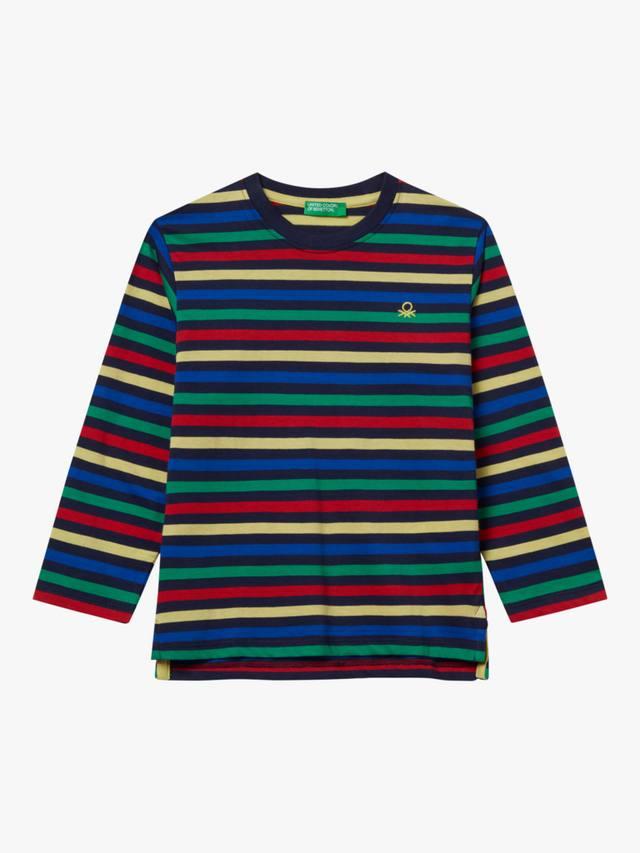 

Детская хлопковая футболка с длинным рукавом в полоску Benetton, Navy/Multi