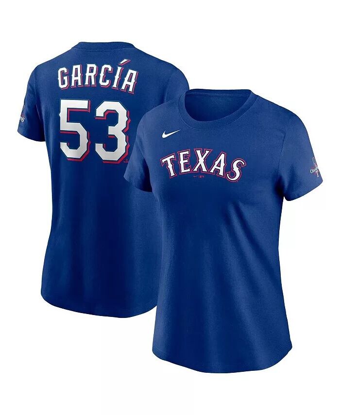 

Женская футболка с именем и номером чемпиона Мировой серии 2023 года Adolis García Royal Texas Rangers Nike