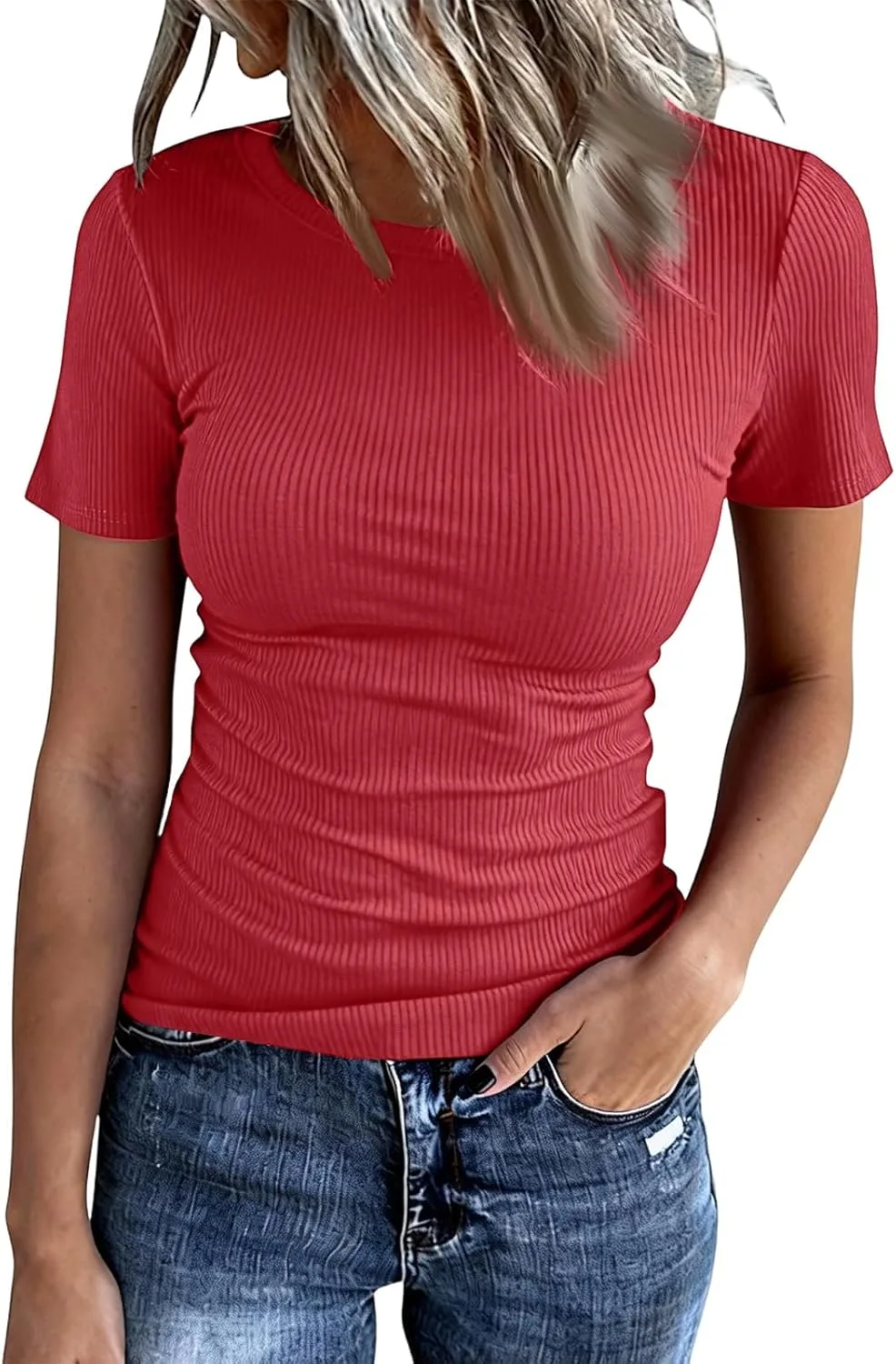 

Женский рифленый трикотажный топ с коротким рукавом и базовым силуэтом FQZWONG