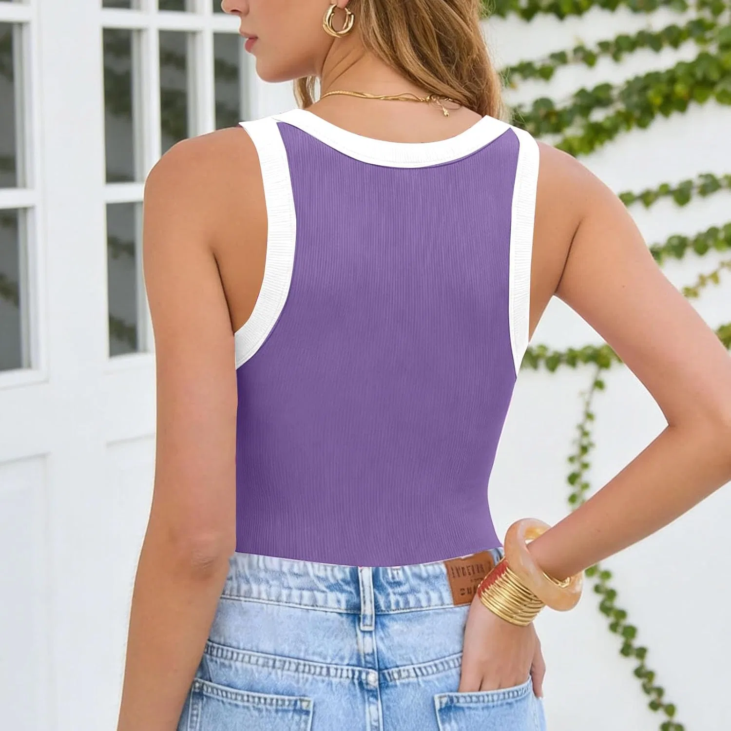 Топ женский без рукавов, Ribbed, V-образный вырез, Purple — фото 3