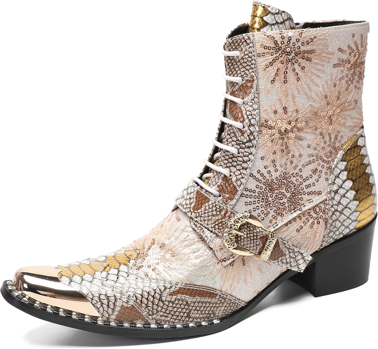 

Мужские повседневные ковбойские ботинки Santimon Mens Dress Casual Western - ботинки средней высоты из натуральной кожи с блестками и металлическим носком в форме крыльев для бальной или диско-вечеринки, Seashell-s