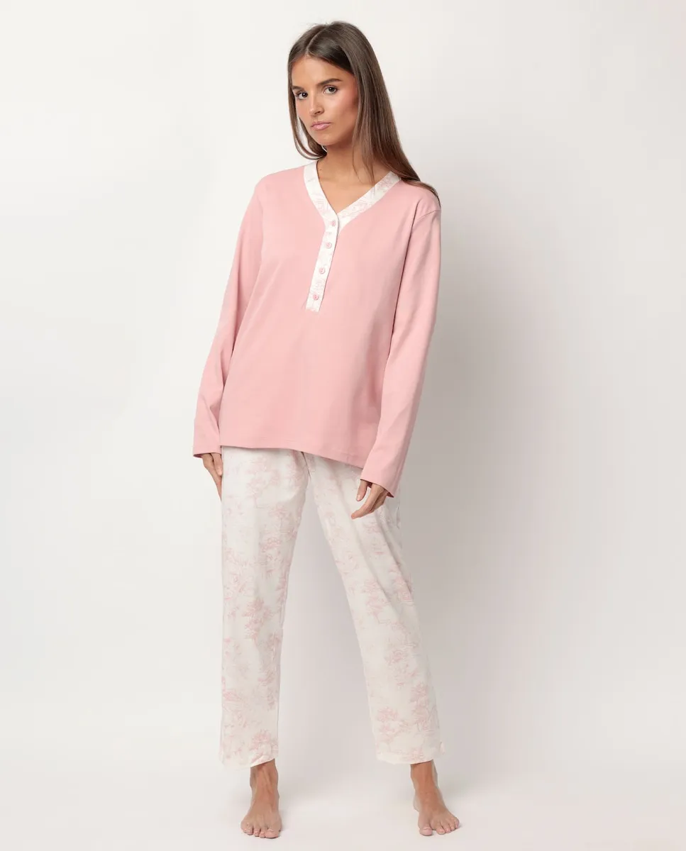 

Длинная женская пижама из хлопкового трикотажа макияжного цвета Admas