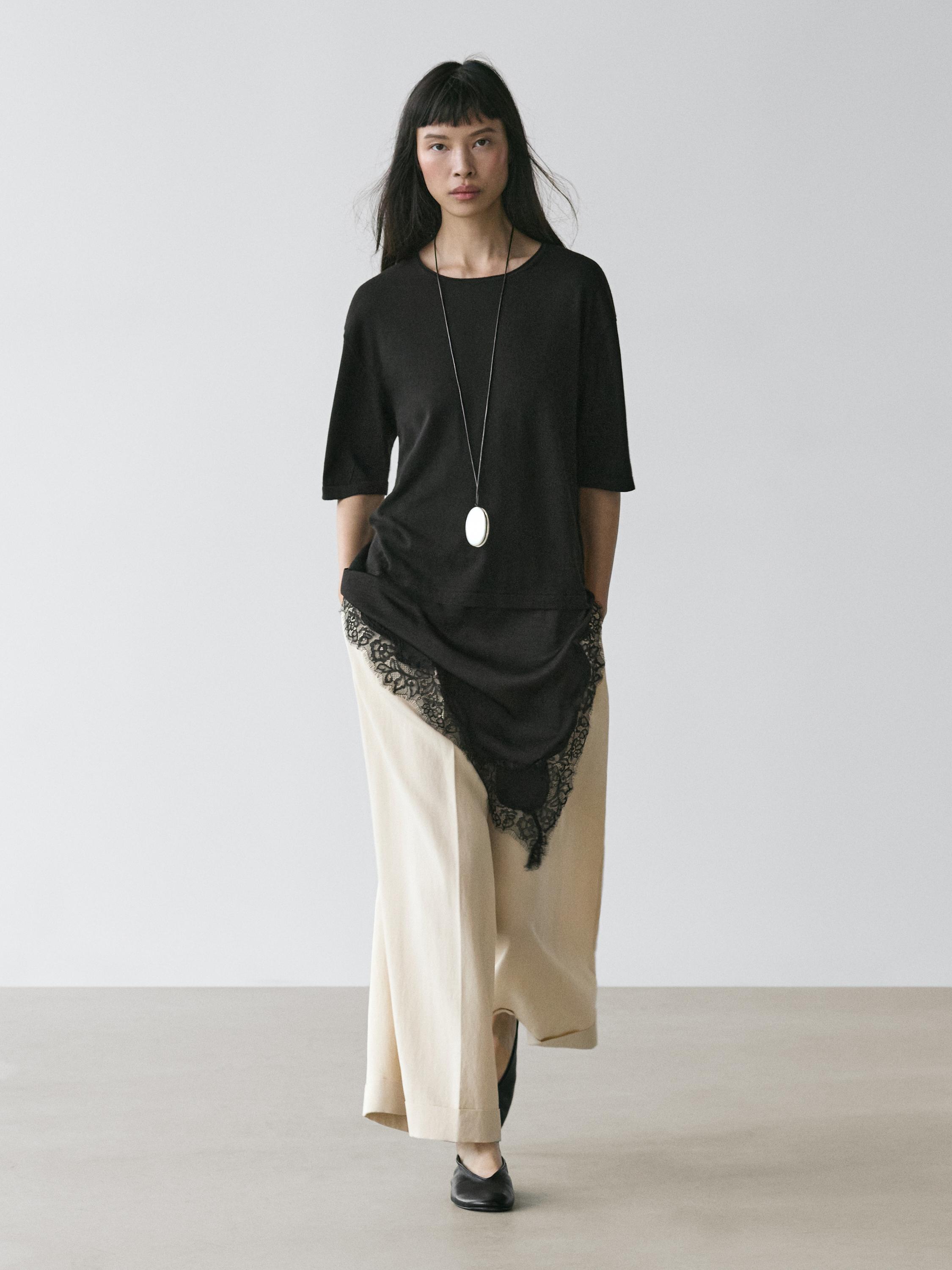 Свитер Massimo Dutti With Contrast Lace Detail, черный — фото 4