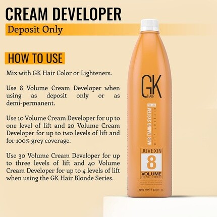 Gk Hair Global Keratin Professional Hair Creme 8 Volume Developer 1000 мл для окрашивания волос Bleach - высокоэффективный длительный полуперманентный цвет волос Toner Dye 1 л — фото 3