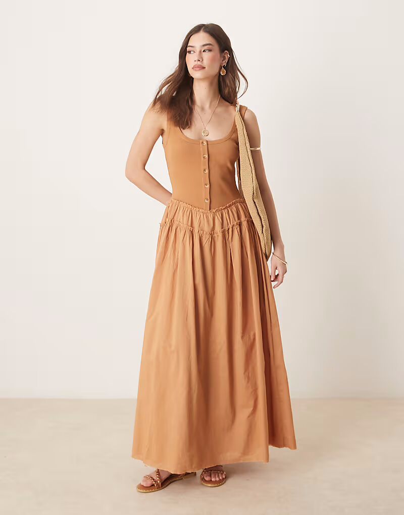 

Платье макси ASOS DESIGN с круглым вырезом, ребристым верхом и поплиновой юбкой цвета ржавчины