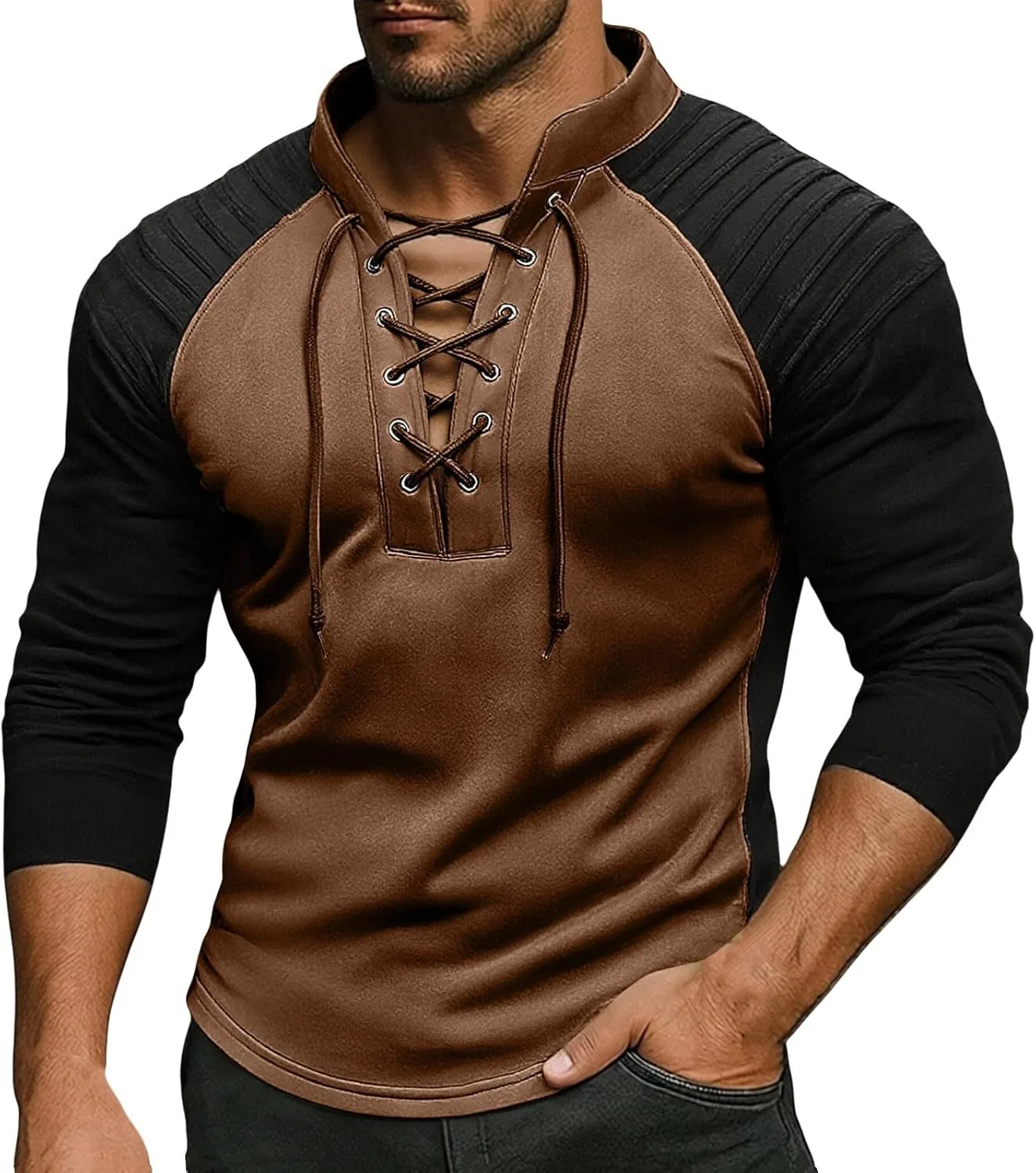 Мужская футболка с воротником-стойкой, slim fit, бренд Generic, коричневый