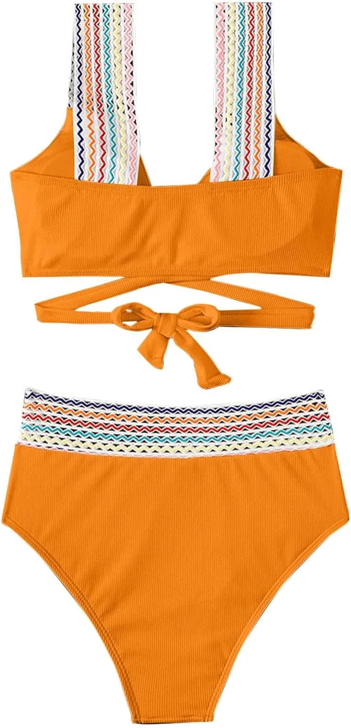 Женский купальник бикини High Waisted с цветными блоками и эффектом контроля живота — фото 3