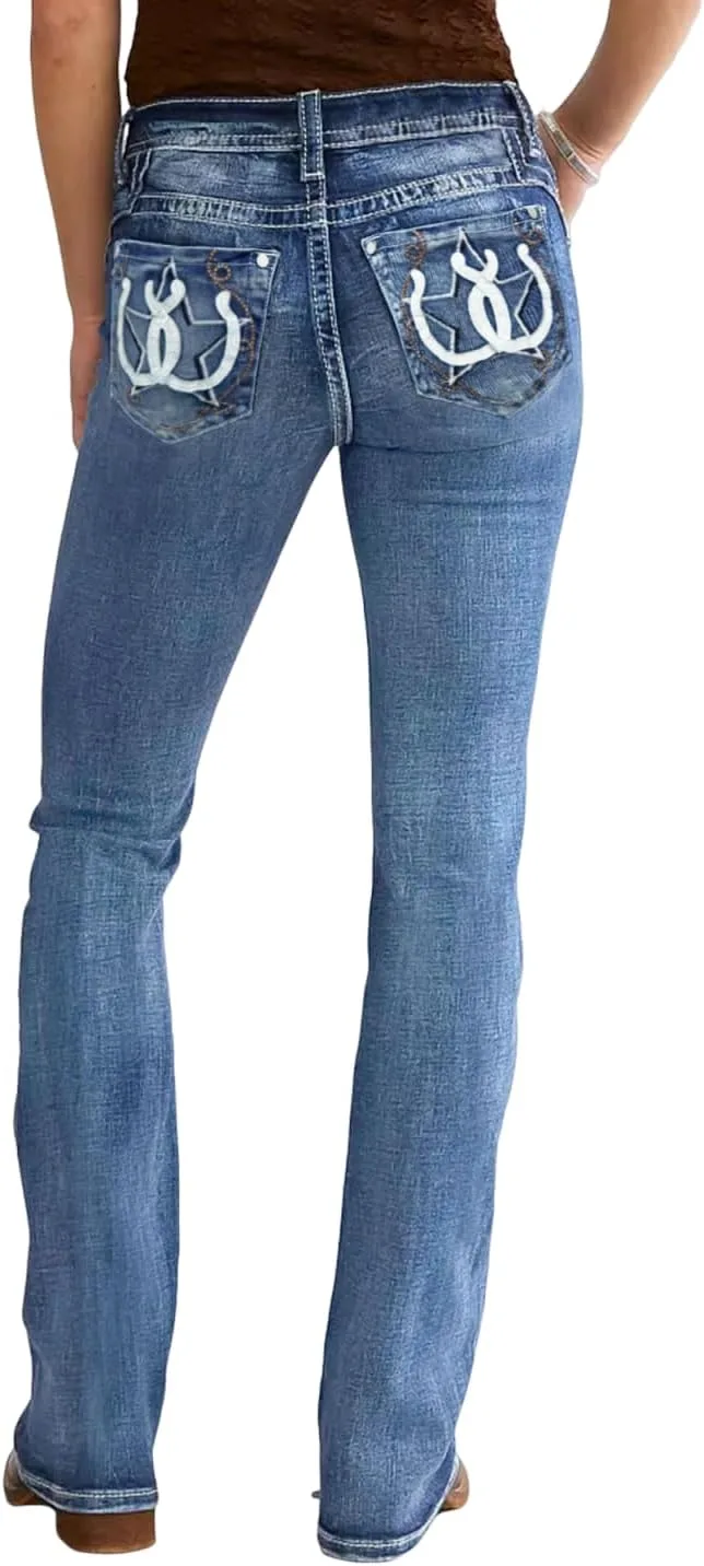 Джинсы для женщин bootcut mid rise с вышивкой стразами Generic, синий
