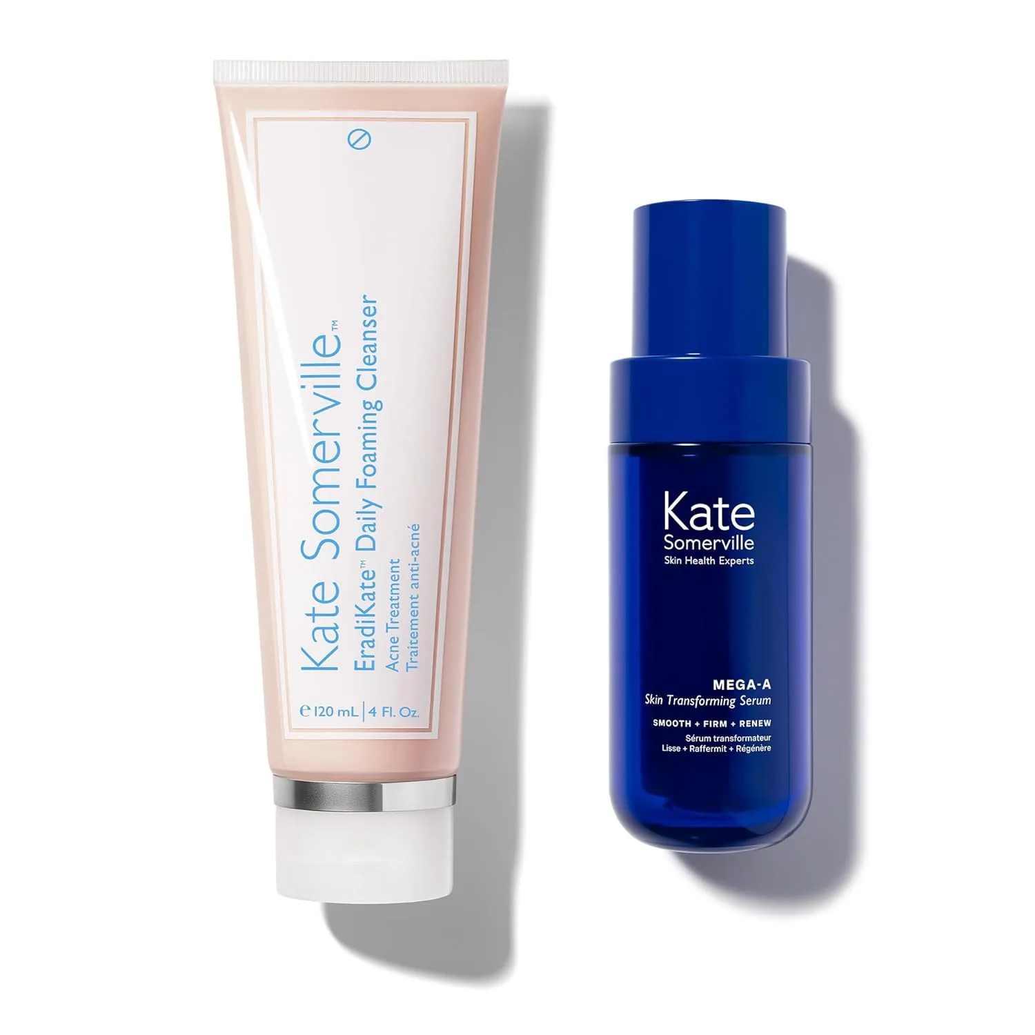 Команда мечты Kate Somerville: пенящееся очищающее средство для ежедневного применения EradiKate с 3% содержанием серы для лечения акне (113 мл) и омолаживающая сыворотка Mega-A с ретиналем (30 мл).