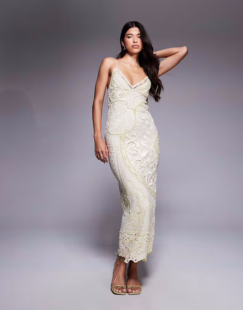 

Платье ASOS DESIGN lace applique embellished cami maxi in yellow