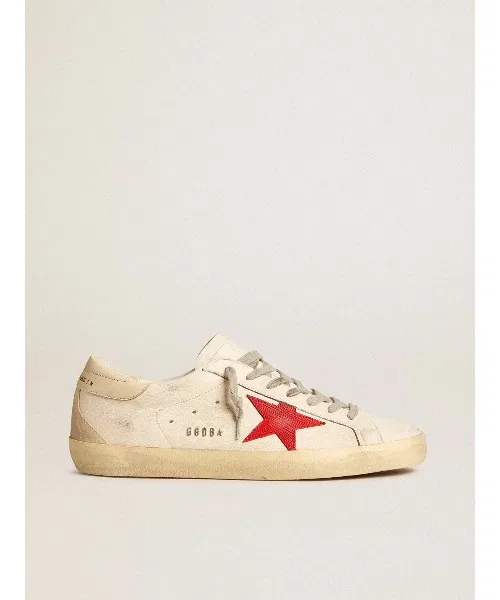 Мужские кроссовки из натуральной кожи Golden Goose Super-Star с красной звездой и белым верхом — фото 3