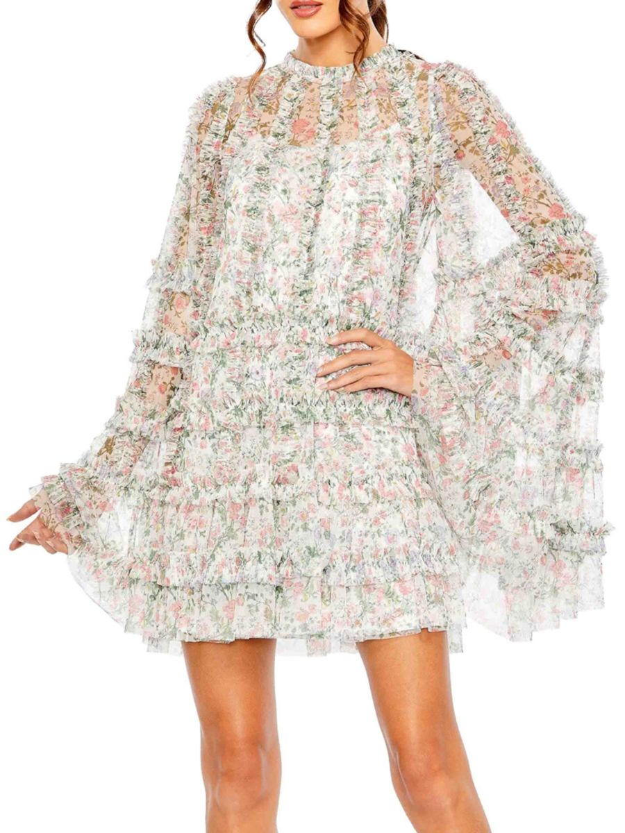 

Мини-платье с цветочным принтом и сеткой Mac Duggal, белый