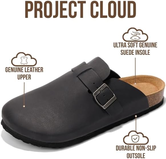 Мужские сабо Project Cloud - 100 натуральная кожа полного слоя, сабо с мемори-пеной для мужчин, поддержка свода стопы, пробковая стелька, противоскользящая подошва (Brooklyn), черный — фото 2