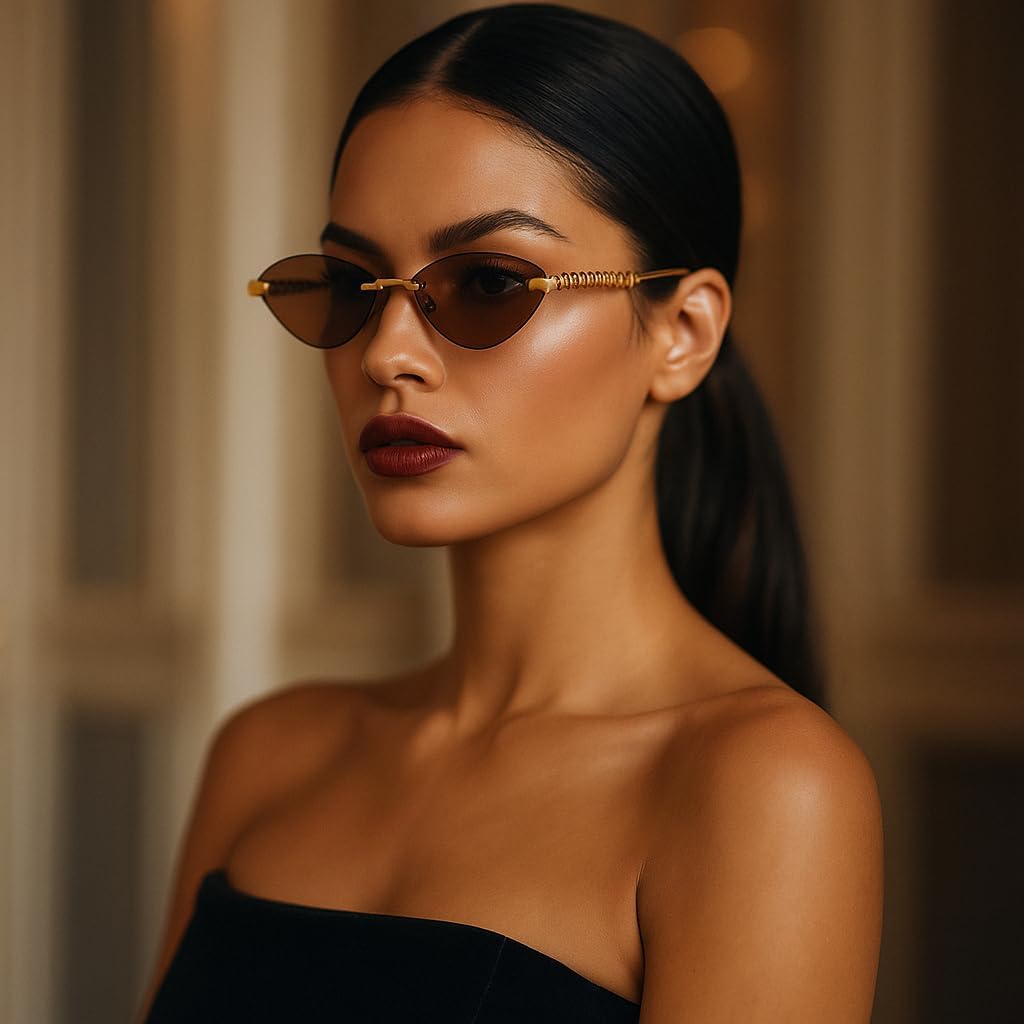 

bullabulling Модные безободковые металлические солнцезащитные очки «кошачий глаз» в винтажном стиле, маленькие овальные очки с защитой от УФ-излучения UV400 для женщин и мужчин, для активного отдыха на природе, Brown Gold