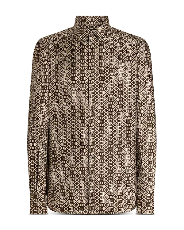 

Шелковая рубашка с длинными рукавами и принтом Dolce & Gabbana, бежевый