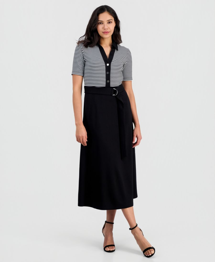 

Женское платье-миди А-силуэта с воротником Anne Klein, Anne Black/ White Dove