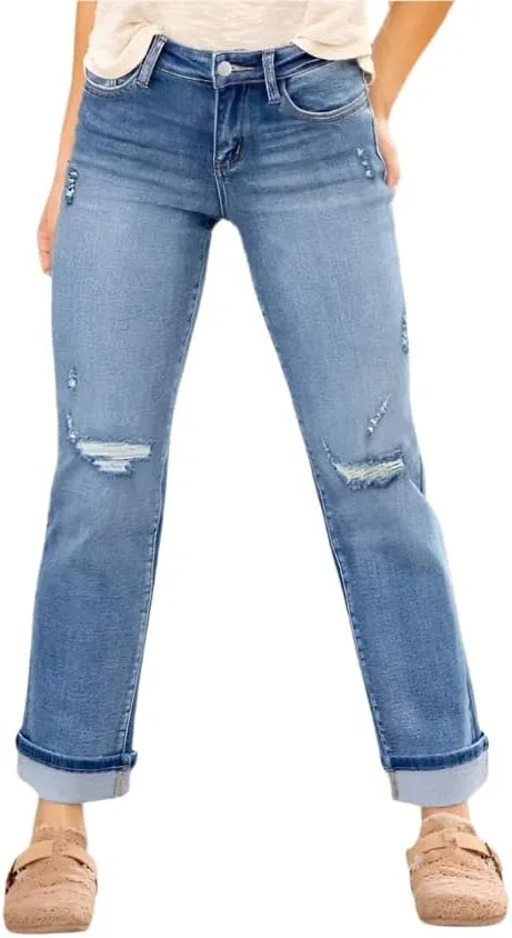 Женские джинсы Stretch Ripped Slim Fit - эластичные прямые джинсы с карманами в темной или средней промывке Generic, Medium Wash — фото 4