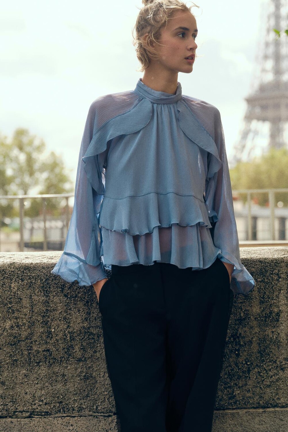 

Блузка с оборками ZARA, синий/серый