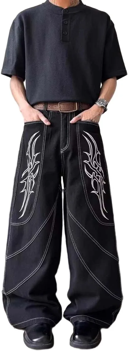 

Мужские вышитые мешковатые джинсы Y2K с широкими штанинами MLAFE