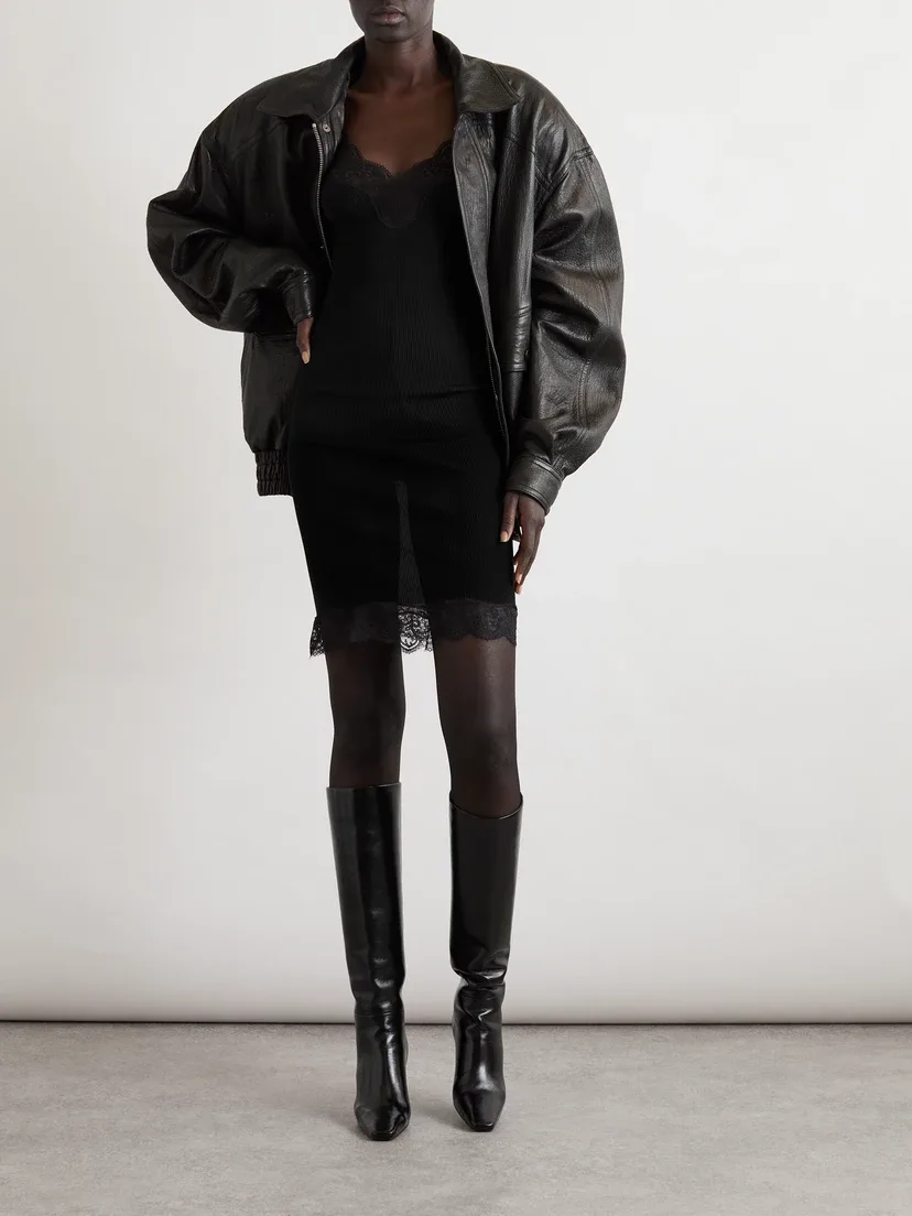 Мини-платье из ребристого шелкового джерси с кружевной отделкой SAINT LAURENT, черный — фото 2