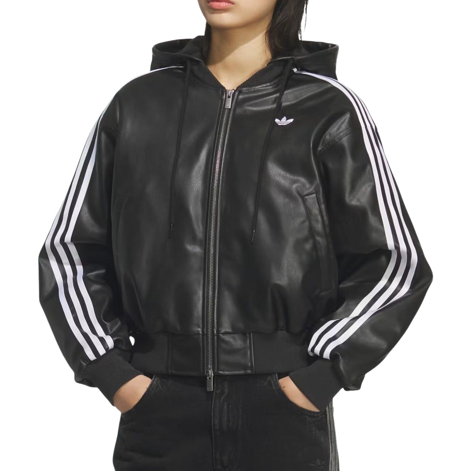 (WMNS) Кожаная куртка Adidas Double Leather Jacket, азиатский размер, цвет «черный» — фото 2