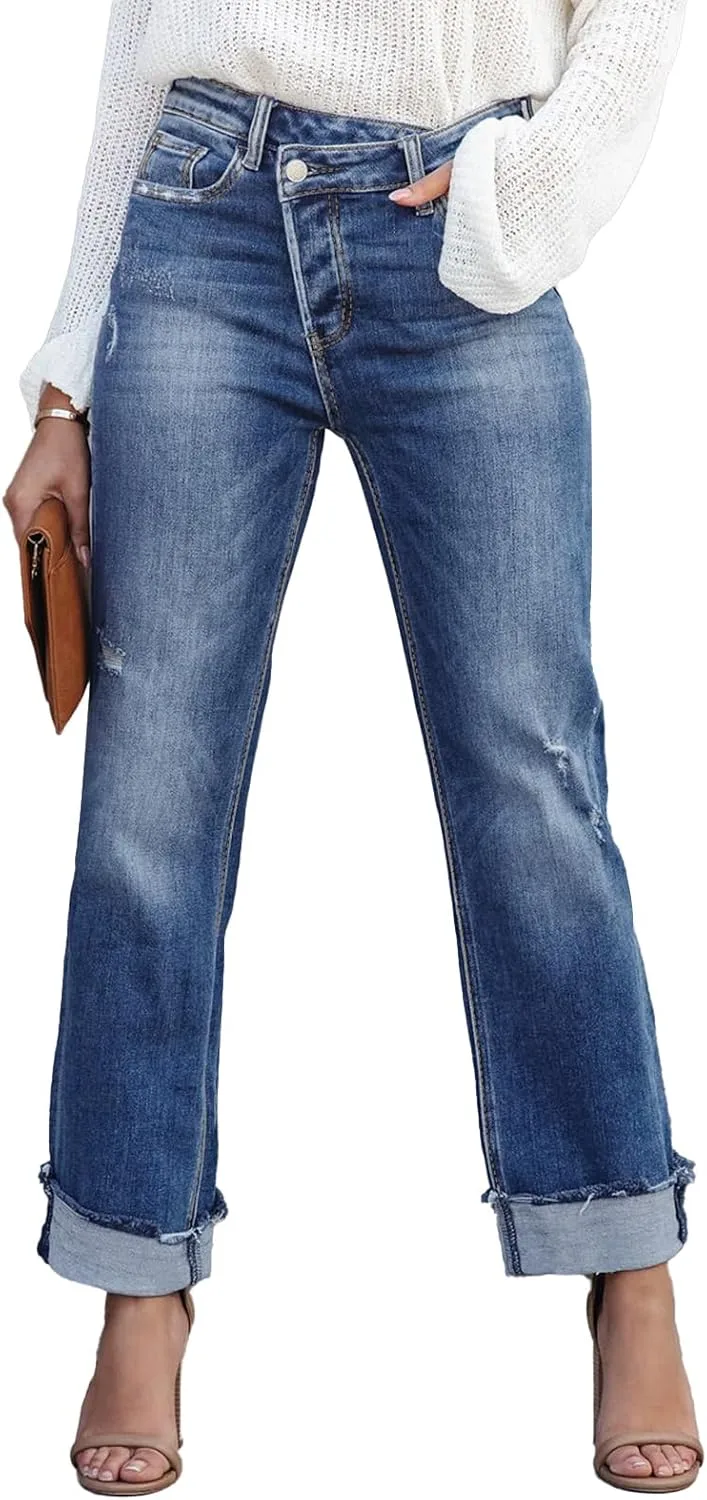 

Джинсы Metietila для женщин: модные завышенные кросовер бойфренды с потертостями