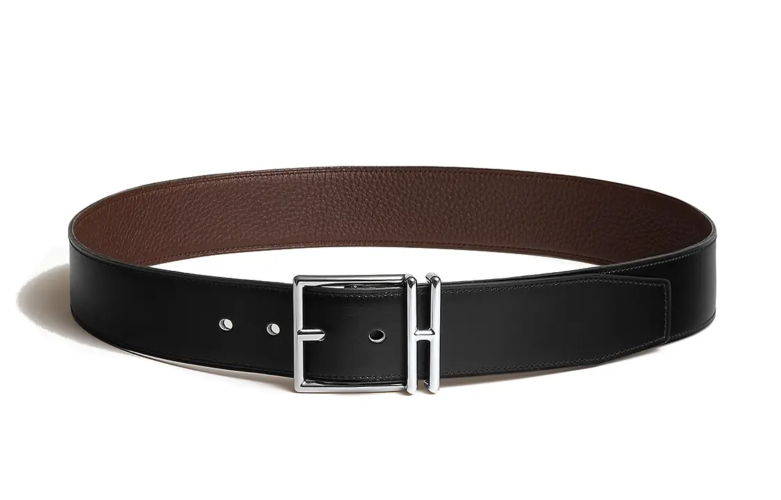 

Кожаный ремень из телячьей кожи мужской черный/шоколадный ширина 4 см HERMES