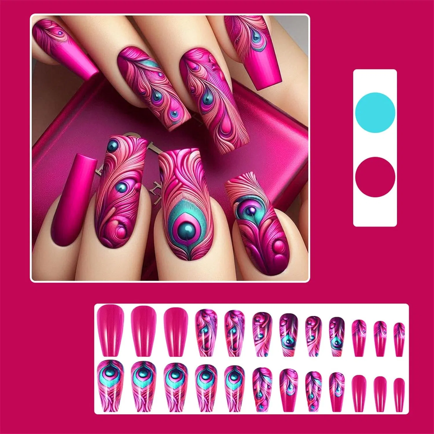 Длинные квадратные накладные ногти «Hotpink» с перьями Zxfdsfdbnm — фото 2