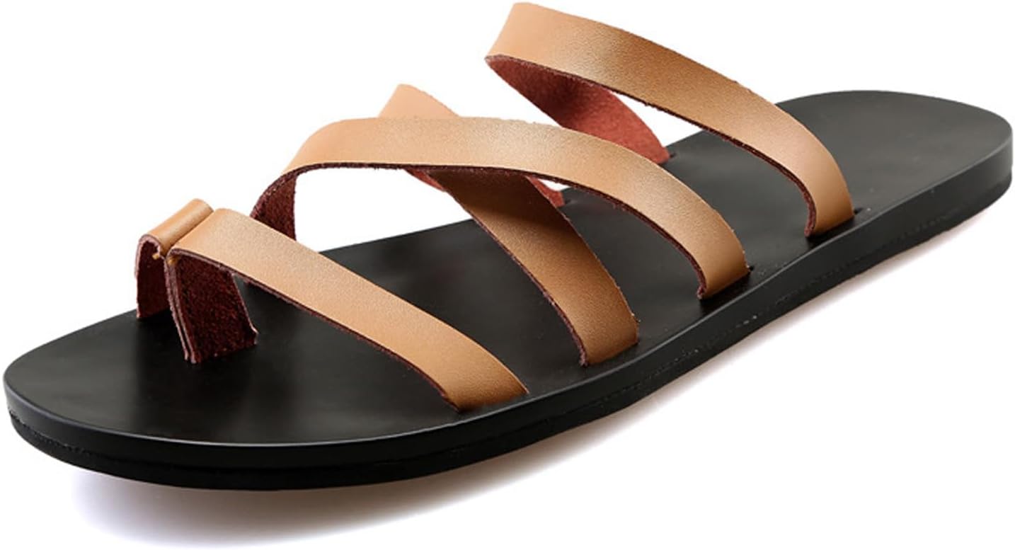 

Мужские кожаные сандалии NEJKG с ремешками и петлей для пальца, повседневные плоские пляжные шлепанцы с открытым округлым носком, легкие, нескользящие, на лето, римские шлепанцы для прогулок по пляжу, коричневый