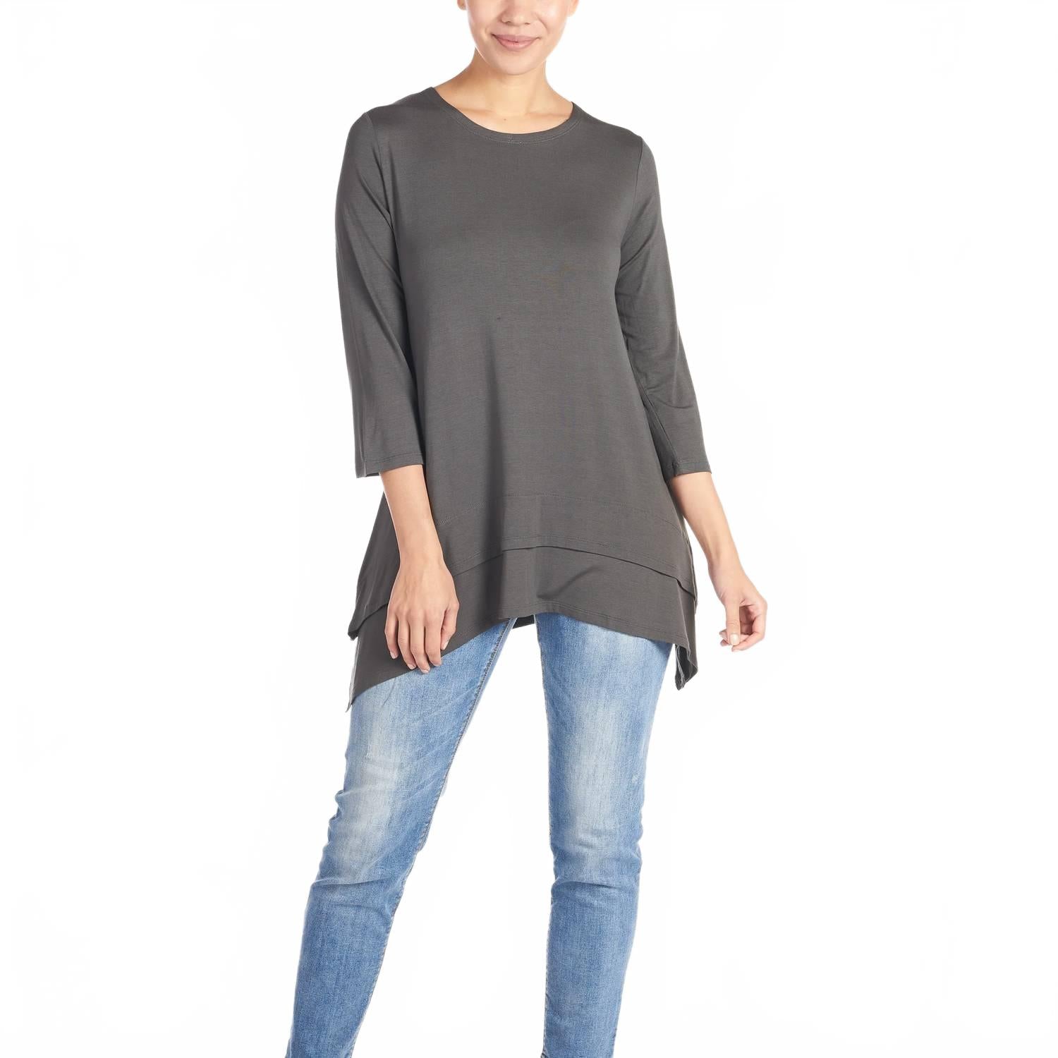 

Mountain Mamas Tunic Top 3/4 Sleeve Double Layer Asymmetrical Hem In Dk Teal COCO + CARMEN, Dk Teal