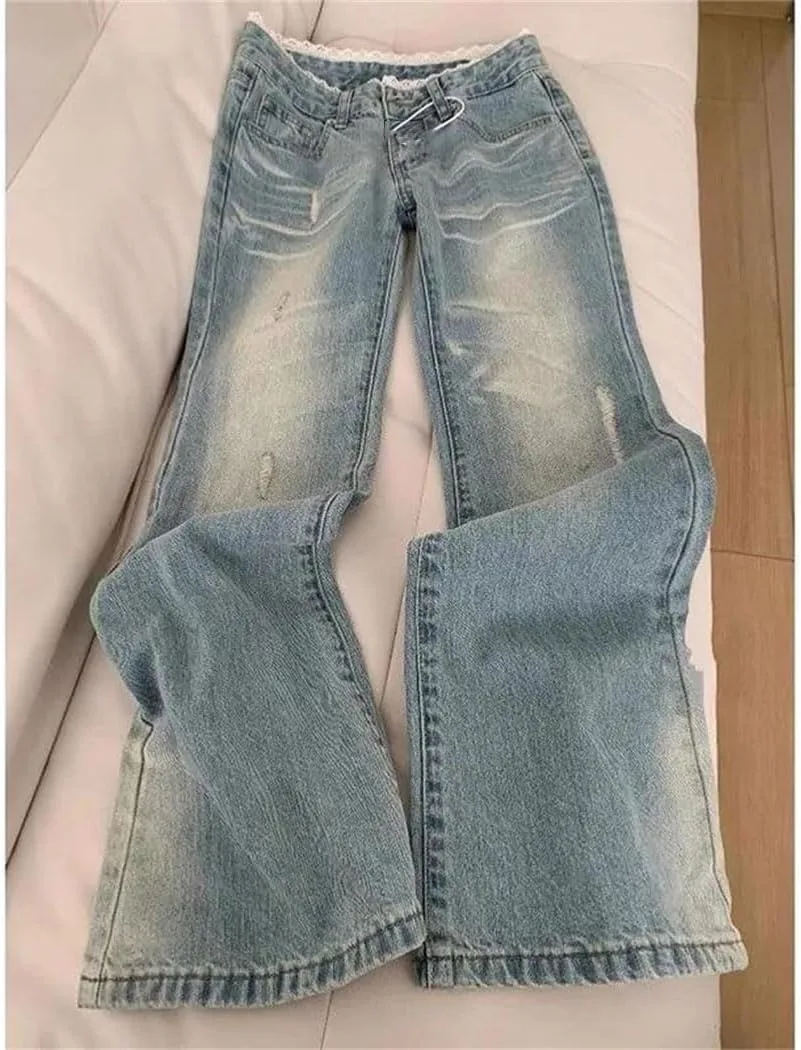 Женские джинсы Vintage Blue Denim с низкой посадкой и прямыми штанинами — фото 2