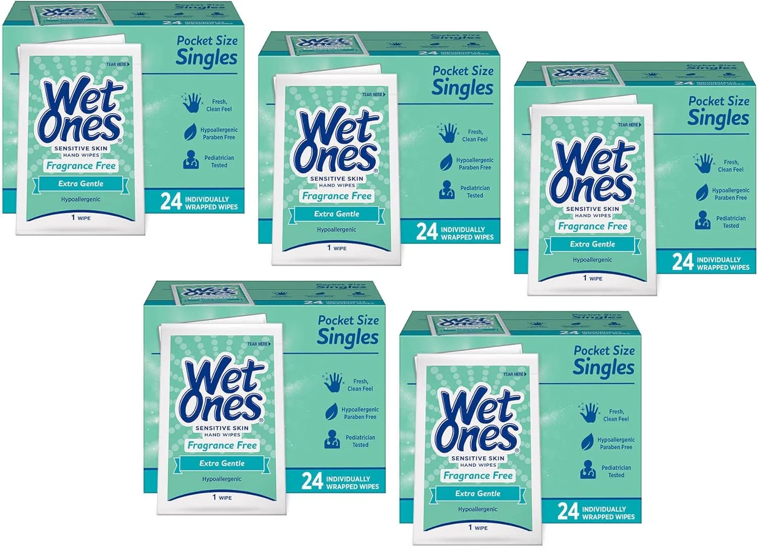 Влажные салфетки для лица и рук Wet Ones, 5 упаковок, 120 шт, без отдушки