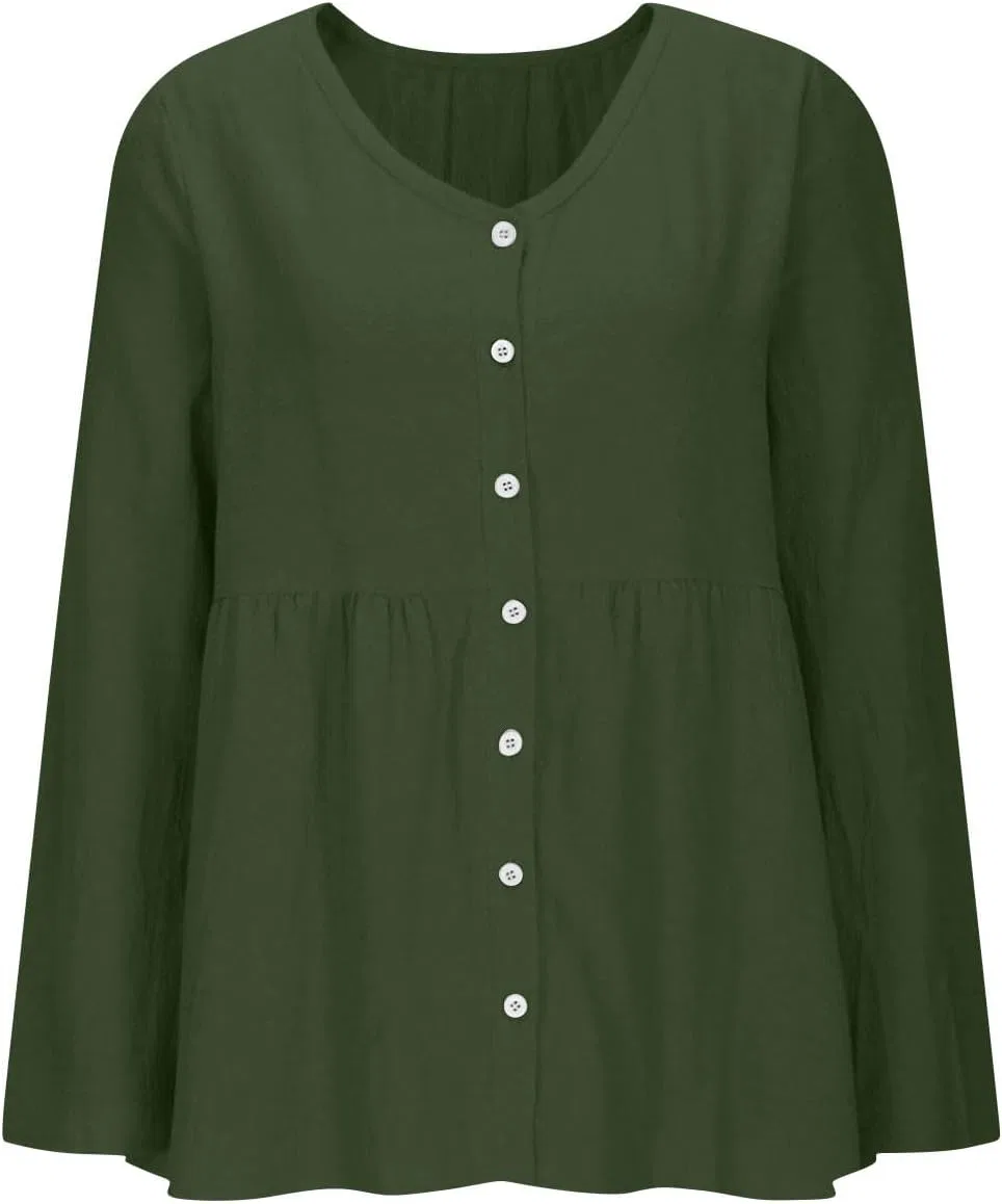 Блуза женская из льна и хлопка, повседневная, Army Green — фото 3