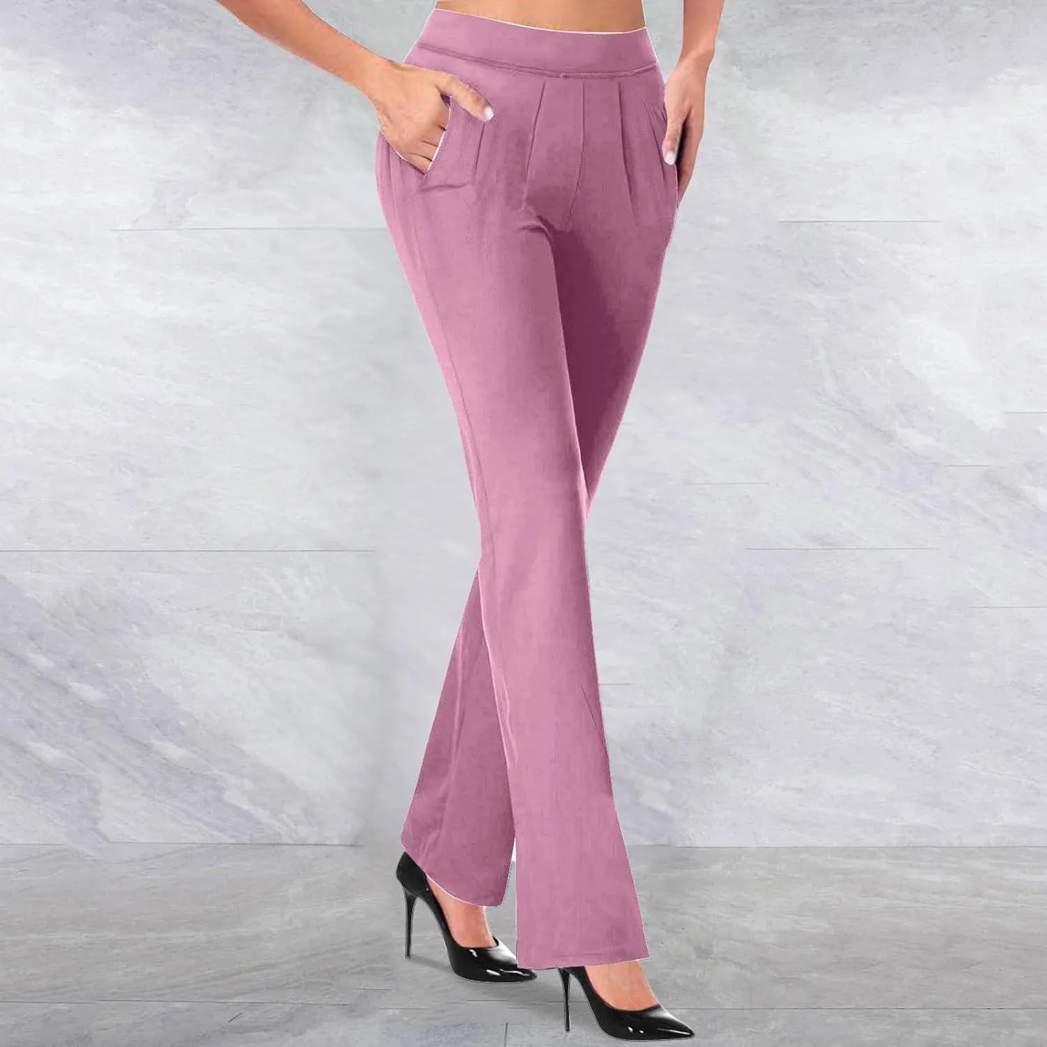 Брюки Formal Dress для женщин Petite с высокой талией, облегающие, для костюма, нарядные, повседневные, деловые, рабочие, с карманом Generic, розовый — фото 2