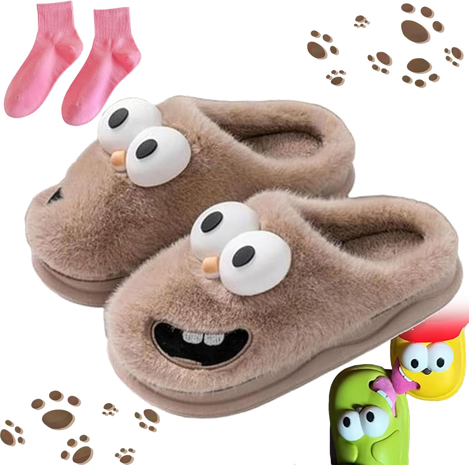 

Тапочки для поцелуев для пар - забавные 3D-тапочки с большими глазами и языком собаки, милые мультяшные домашние тапочки, нескользящие домашние тапочки для женщин и мужчин Kzaer, Coffee 2