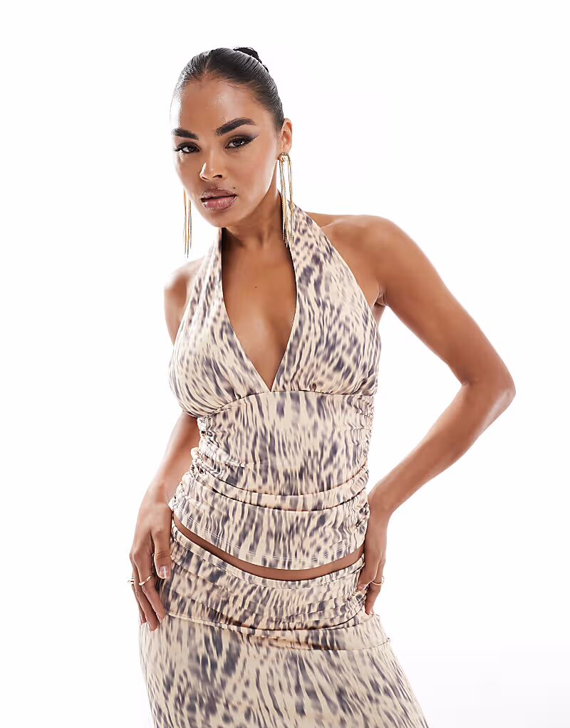 

Топ-комбинезон с лифом-халтер и сборками, натуральный принт Asos Design