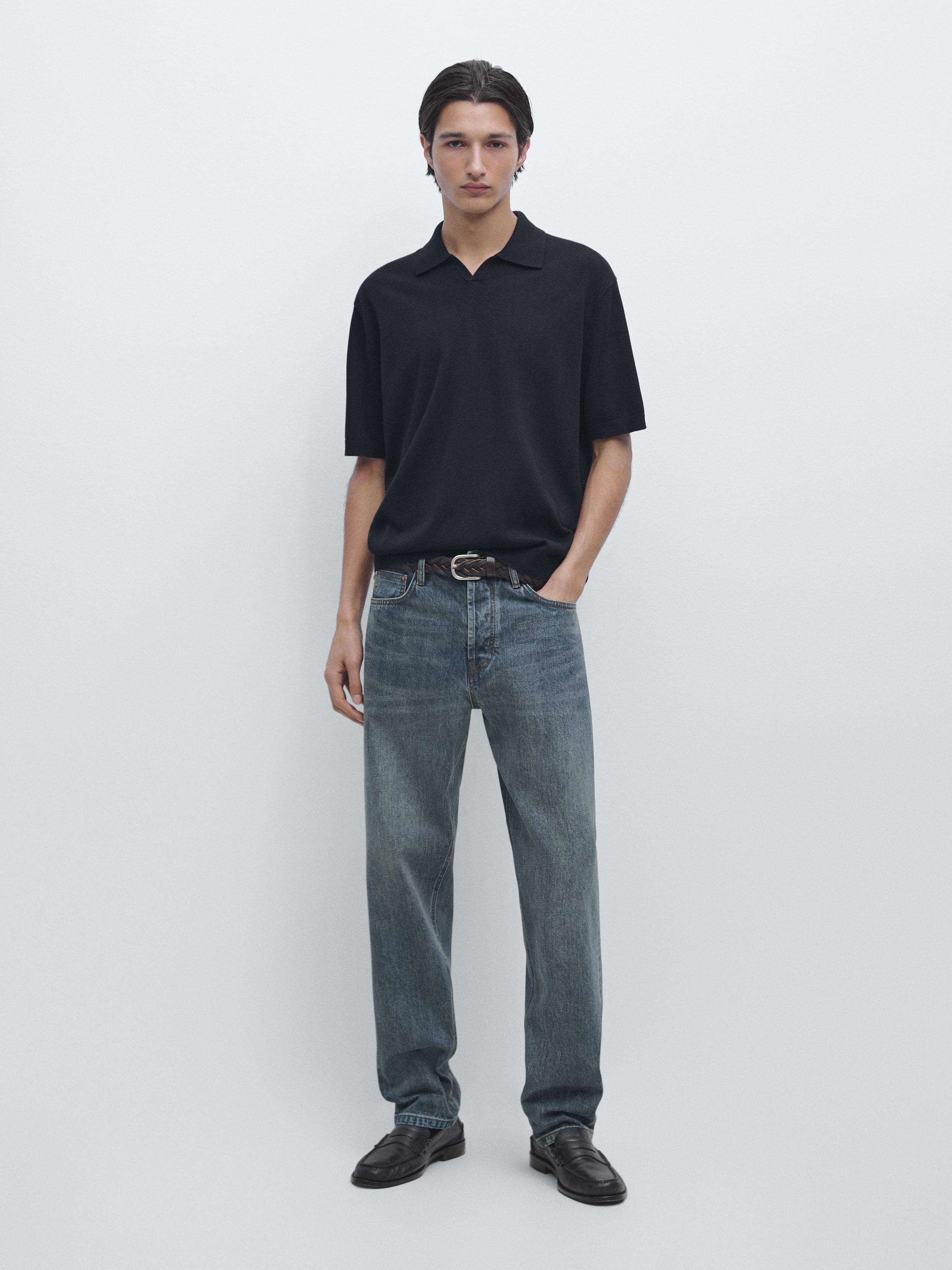 

Вязаный свитер-поло из хлопковой смеси Massimo Dutti, navy blue