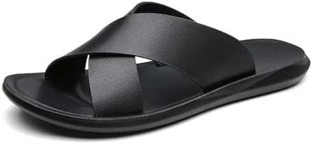 

Мужские кожаные шлепанцы с легкой подошвой, удобные, с открытым носком, противоскользящие, плоские, летние повседневные тапочки для дома, прогулок и пляжа Loveheynew, черный