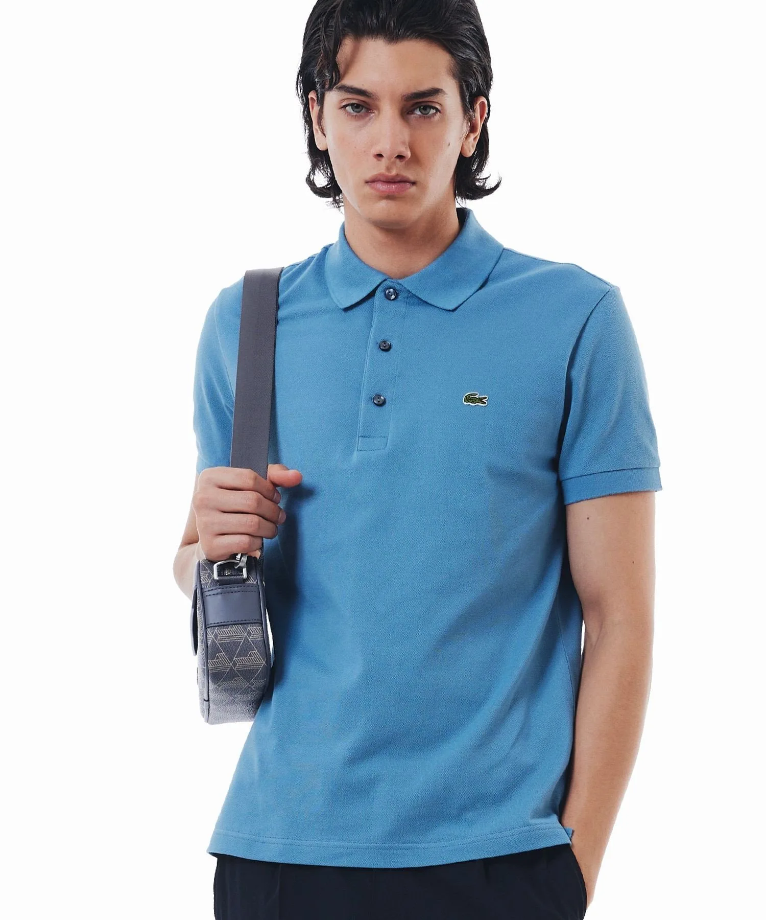 Однотонная облегающая эластичная рубашка-поло (с коротким рукавом) LACOSTE, Grayish Blue