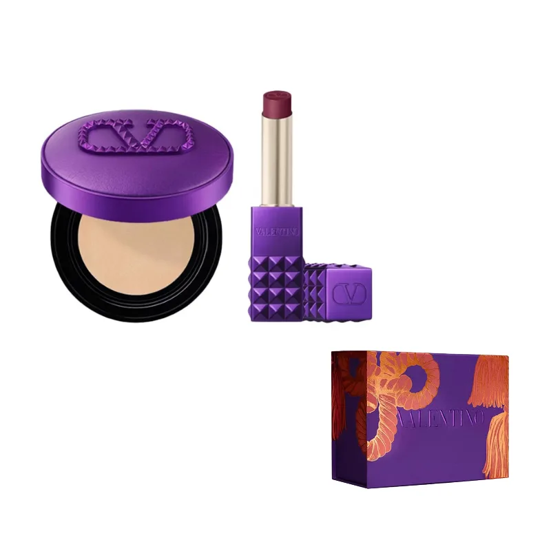 Valentino Новогодний лимитированный набор помады с воздушной подушкой, Water Glow Air Cushion Wilderness Purple Limited #LN2 12g+Stud Lipstick Wilderness Purple Limited #505R 2.3g