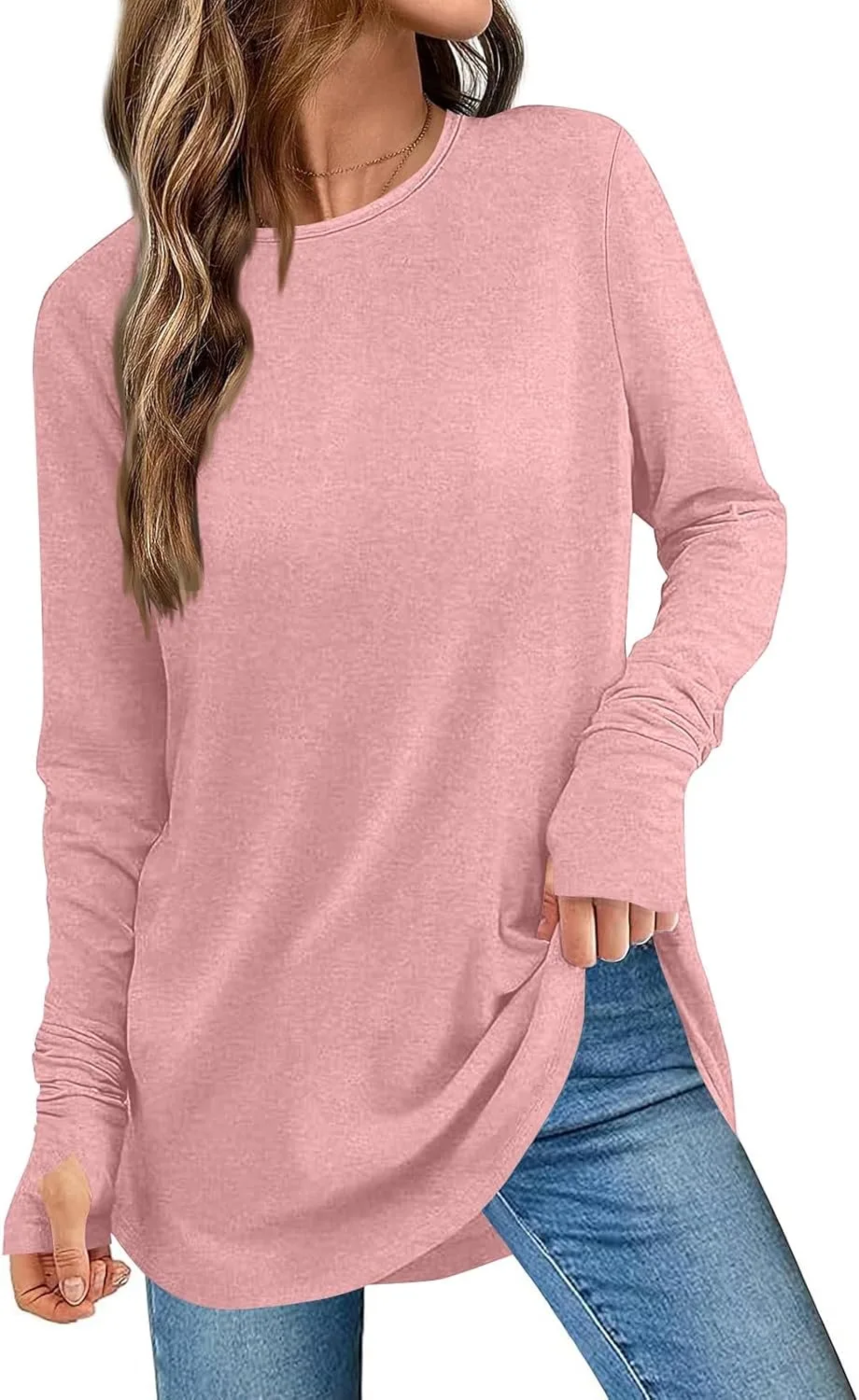 

Длинный топ с рукавами для женщин, Crew Neck, Plus Size, с отверстием для большого пальца FlekmanArt