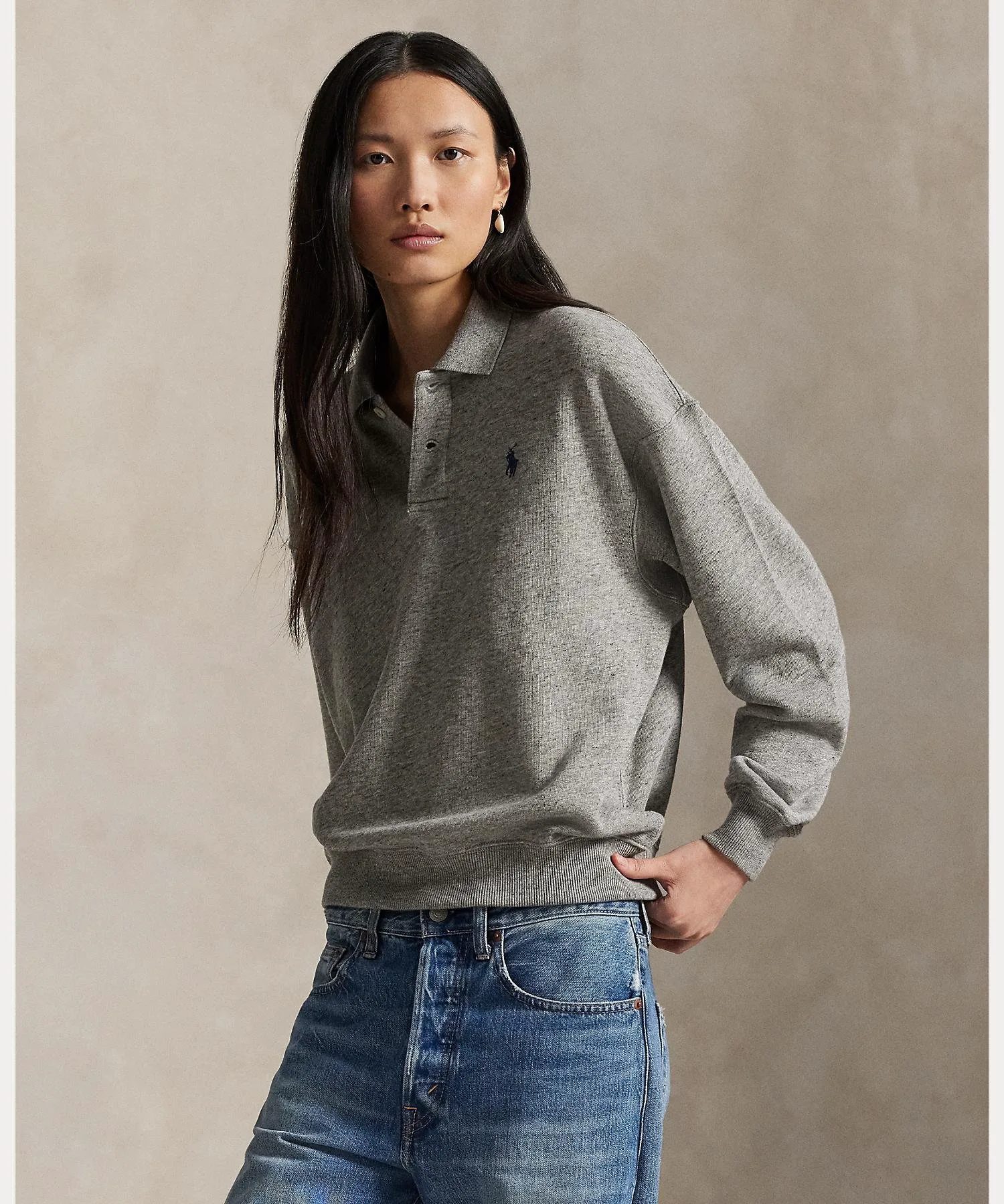 Легкая флисовая рубашка-поло с длинным рукавом Polo Ralph Lauren, 020 Gray