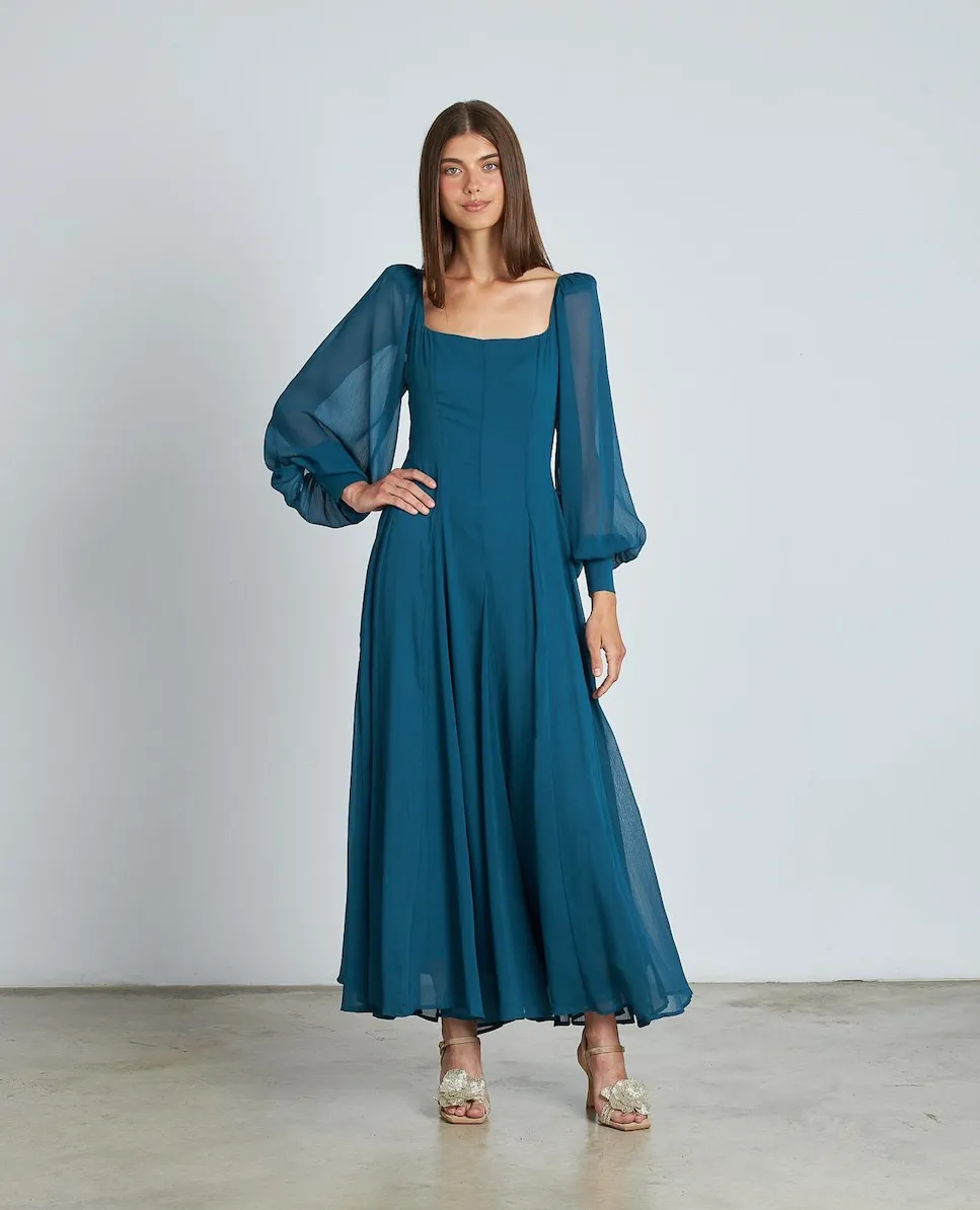 

Длинное платье с полупрозрачными рукавами-буфами и длинной расклешенной юбкой Alma en Pena, темно-синий