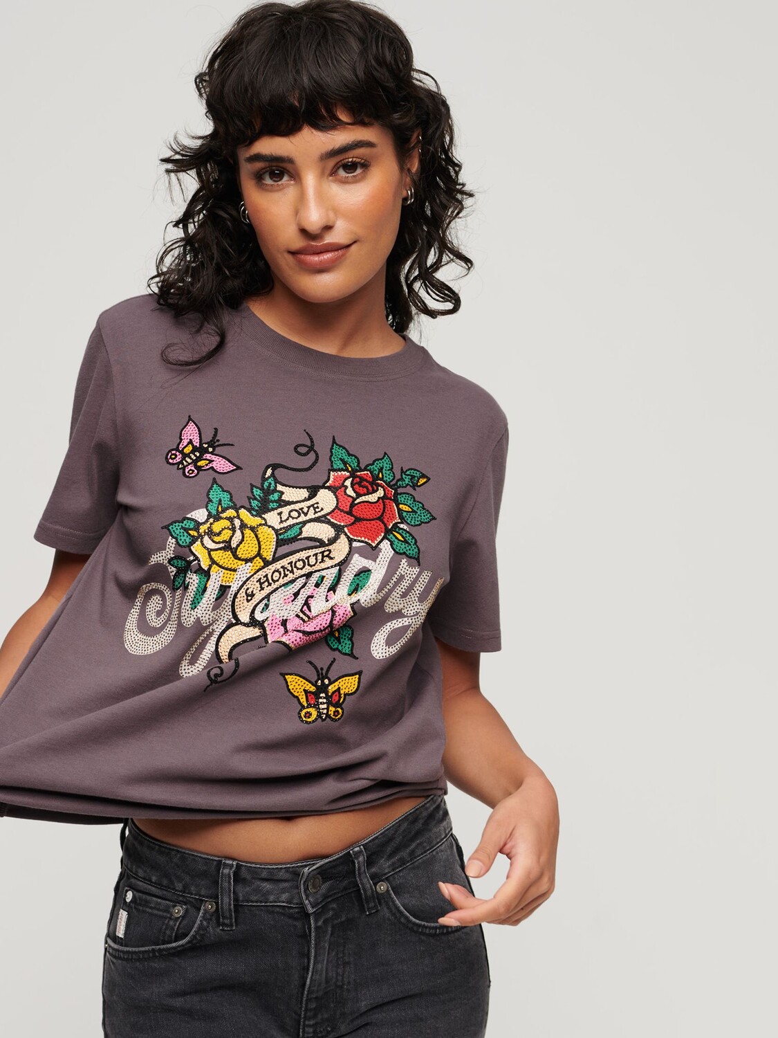 

Футболка с рисунком татуировки и надписью Superdry, рок-серый